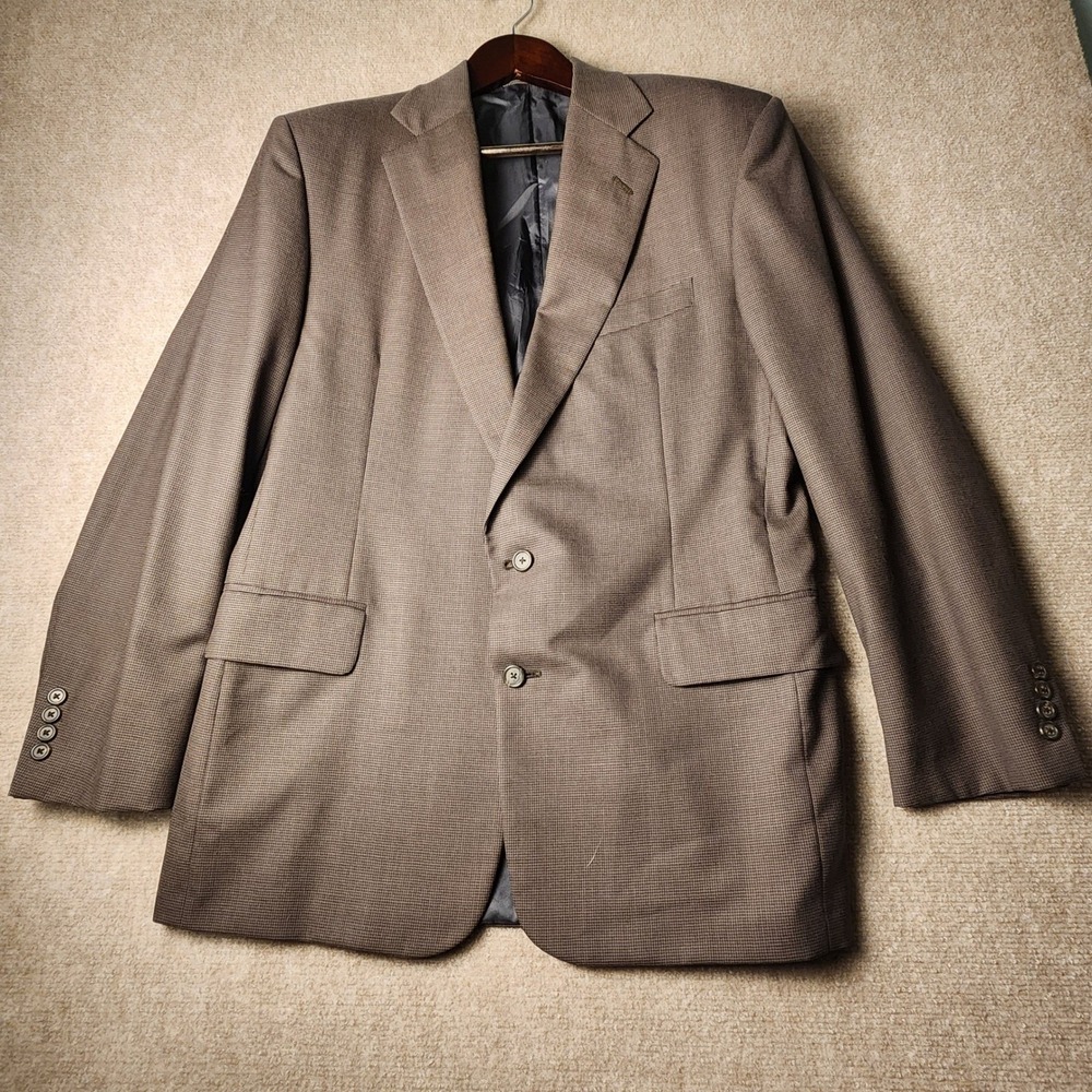 Tom James Blazer Mens 42R Brown Micro Check Robert Byrne Two Button USA Vintage